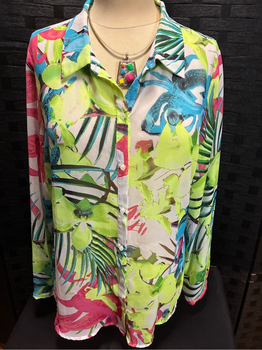 a.n.a Tropical Floral Button-Down Shirt in Neon Green, Blue, Pink - Picture 3 of 9